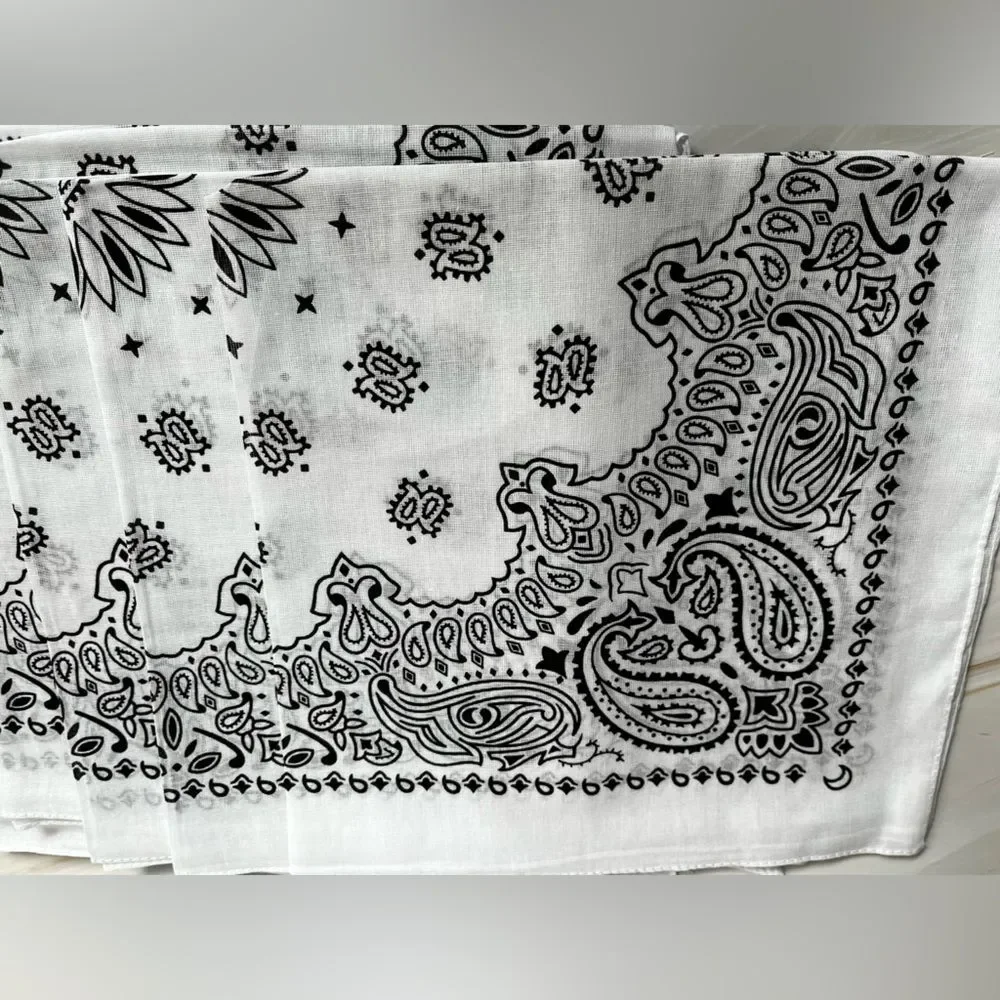 Set of 4 Paisley Cowboy Western Bandanas Multi-Purpose White Scarf 100% Cotton